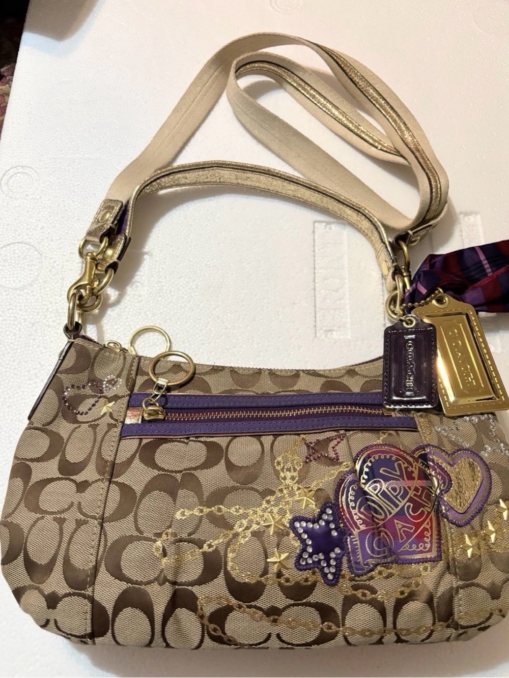 Coach Khaki Signature Canvas Shoulder Bag with Purple Accents - Picture 6 of 10
